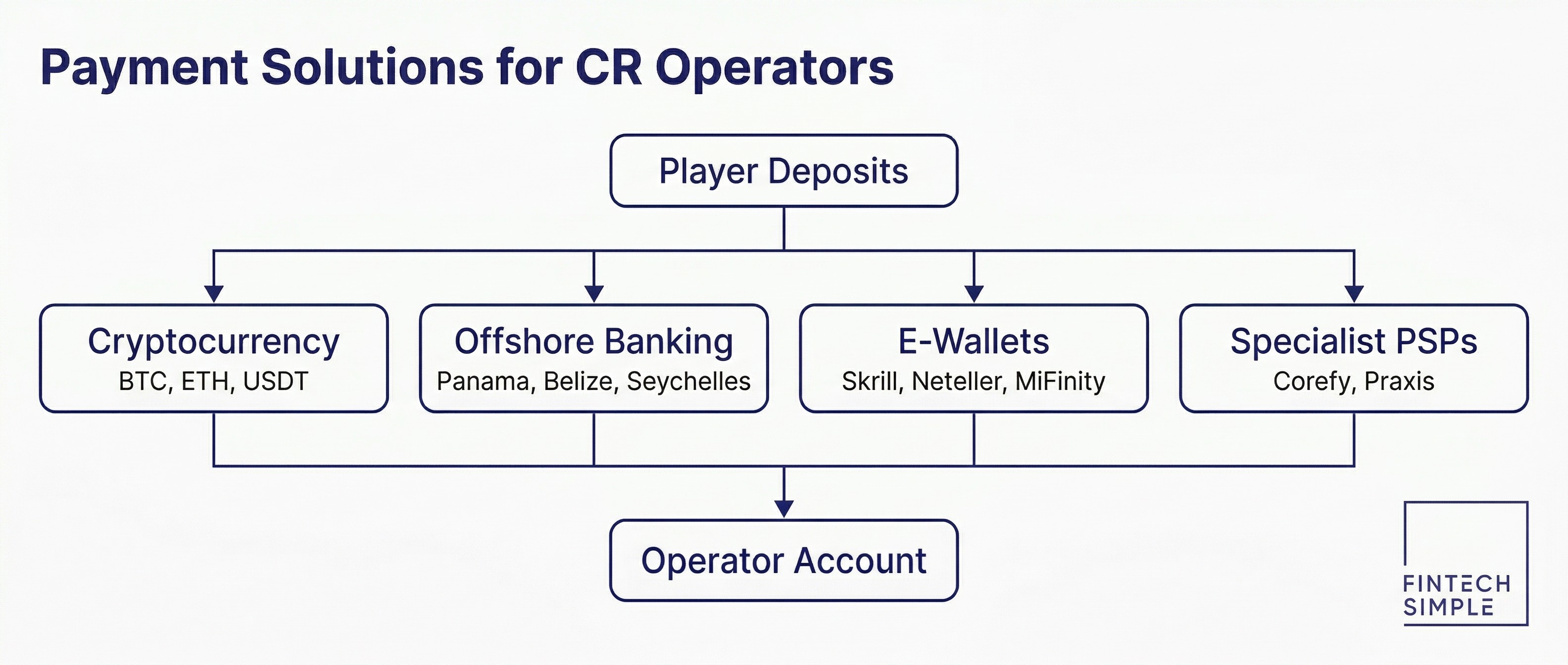 Flowchart infographic showing four payment solution channels for Costa Rica gambling operators: cryptocurrency, offshore banking, e-wallets, and specialist PSPs.